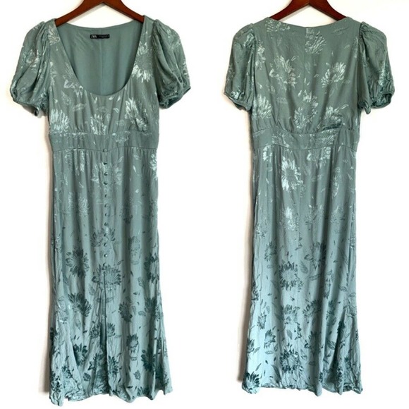 Zara Floral Jaquard Sage Green Dress, Size M - Picture 4 of 9